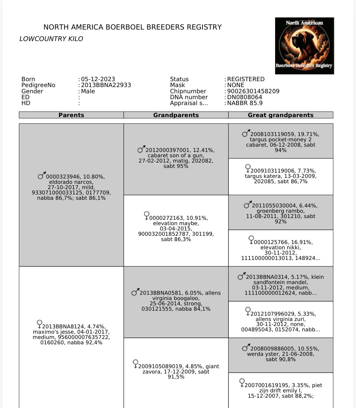 North American Boerboel Breeders Registry pedigree certificate for LowCountry Kilo, listing four generations of South African Boerboel ancestry